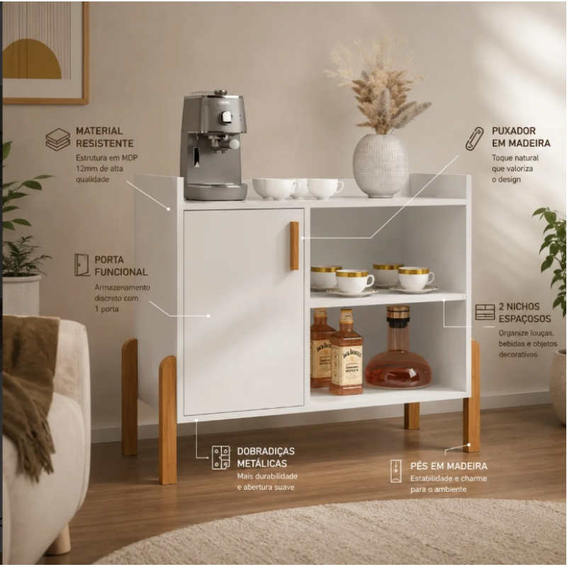 Aparador Buffet Multiuso com Porta e Nichos para Sala de Estar Cozinha Café Bar 75x79x38cm OFFWHITE / NATURE