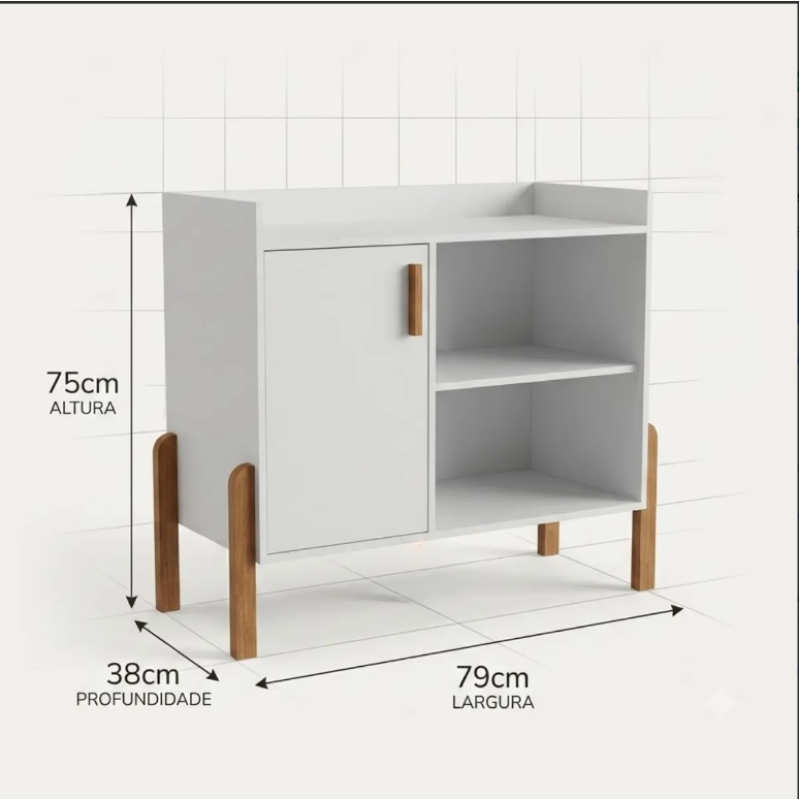 Aparador Buffet Multiuso com Porta e Nichos para Sala de Estar Cozinha Café Bar 75x79x38cm OFFWHITE / NATURE