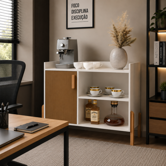 Aparador Buffet Multiuso com Porta e Nichos para Sala de Estar Cozinha Café Bar 75x79x38cm OFFWHITE / NATURE