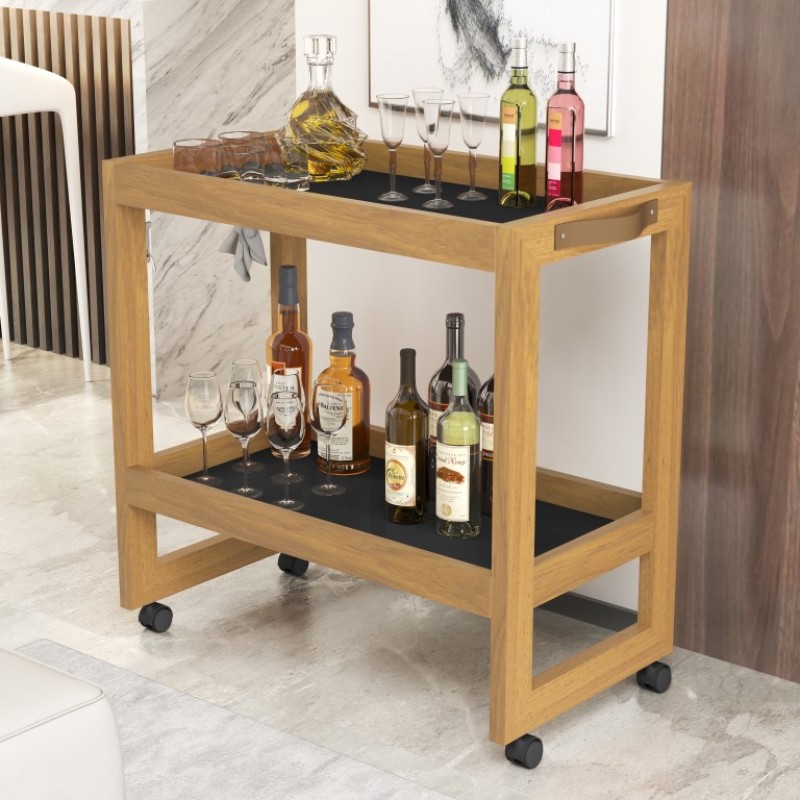 Carrinho Organizador Multiuso com Rodízios 2 Prateleiras para Banheiro Lavanderia Cozinha 67x65x35cm NATURE/ PRETO