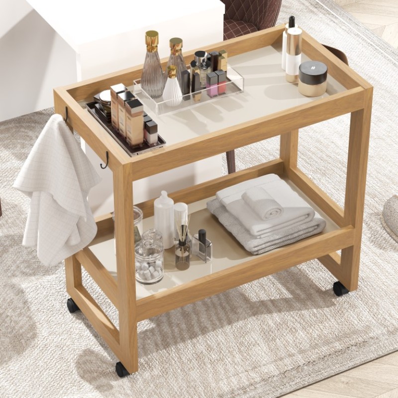 Carrinho Organizador Multiuso com Rodízios 2 Prateleiras para Banheiro Lavanderia Cozinha 67x65x35cm NATURE/ PEROLA
