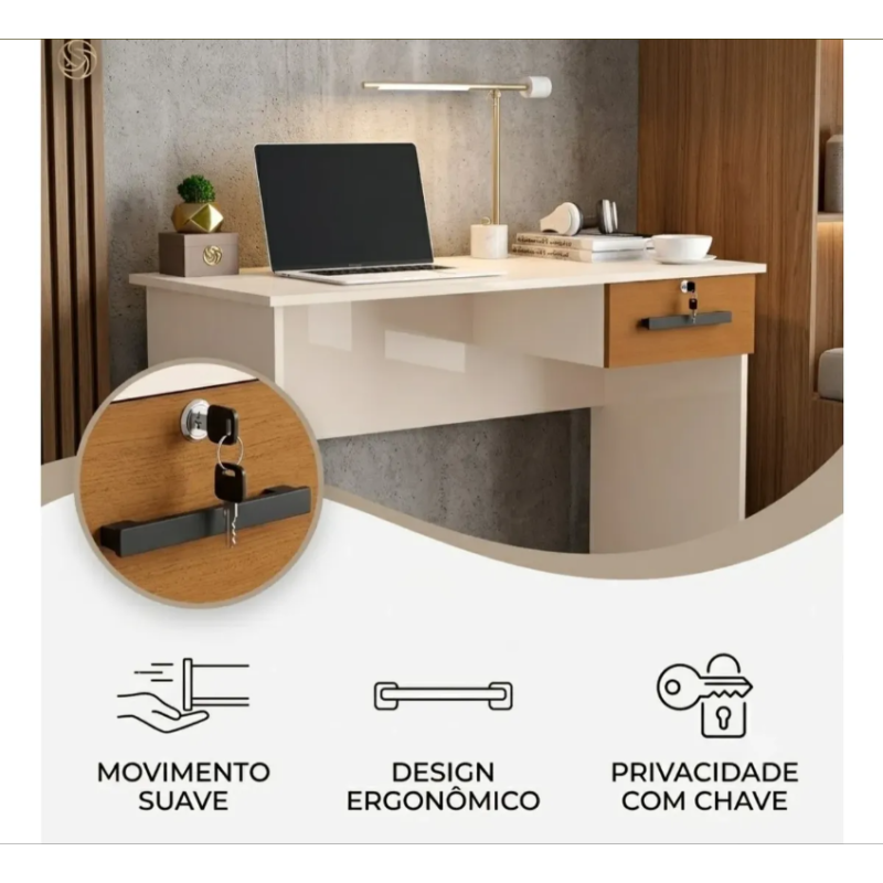 Escrivaninha Mesa Escritório Compacta Segura Chave Gaveta OFFWHITE/NATURE