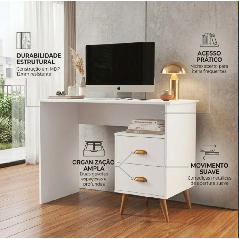 Escrivaninha Mesa Escritório Nicho Compacta 2 Gavetas Luxo BRANCO