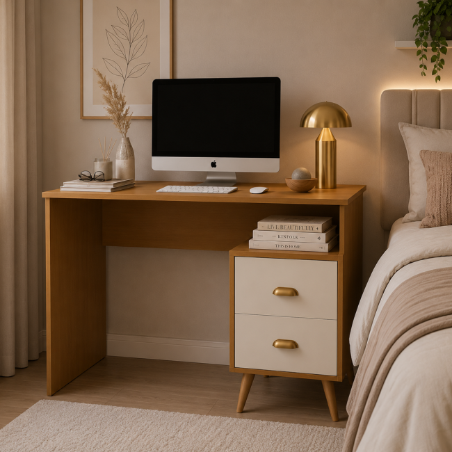 Escrivaninha Mesa Escritório Nicho Compacta 2 Gavetas Luxo NATURE/OFFWHITE