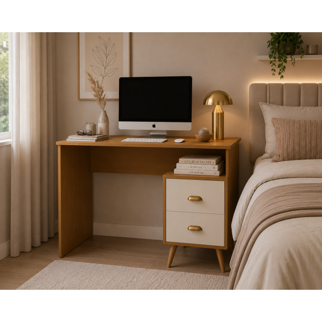 Escrivaninha Mesa Escritório Nicho Compacta 2 Gavetas Luxo NATURE/OFFWHITE
