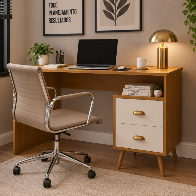 Escrivaninha Mesa Escritório Nicho Compacta 2 Gavetas Luxo NATURE/OFFWHITE