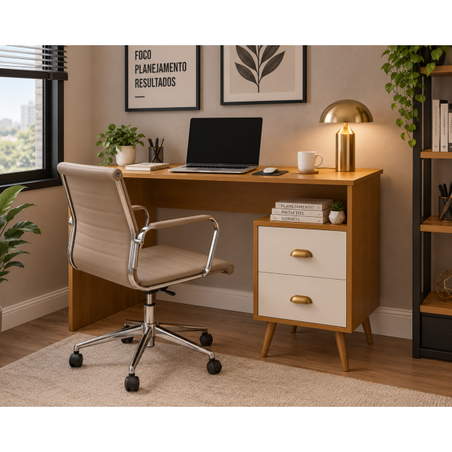 Escrivaninha Mesa Escritório Nicho Compacta 2 Gavetas Luxo NATURE/OFFWHITE