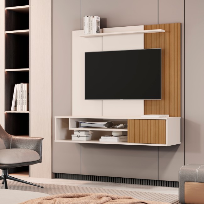 Painel Home Suspenso Para Tv Até 55 Polegadas Com Prateleira1 offwhite/ripado