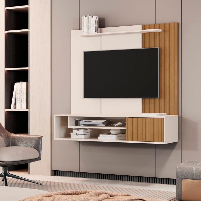 Painel Home Suspenso Para Tv Até 55 Polegadas Com Prateleira1 offwhite/ripado