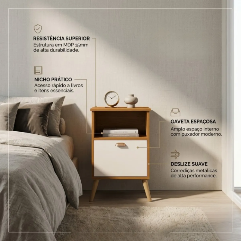 Mesa Cabeceira Quarto Luxo Suporte Casal Solteiro Luxo Mdp CANELA/OFFWHITE