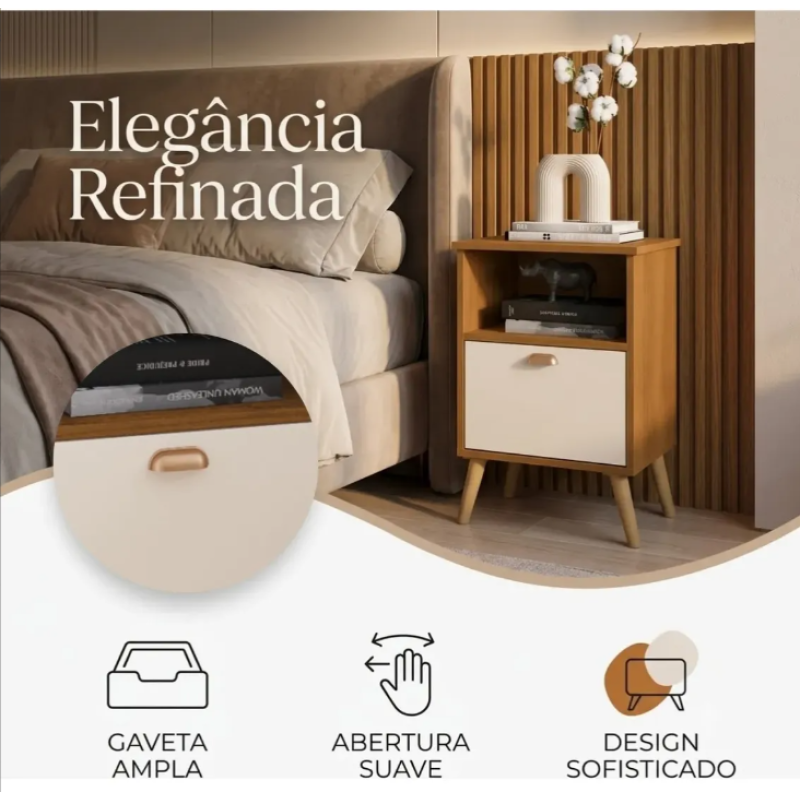 Mesa Cabeceira Quarto Luxo Suporte Casal Solteiro Luxo Mdp CANELA/OFFWHITE