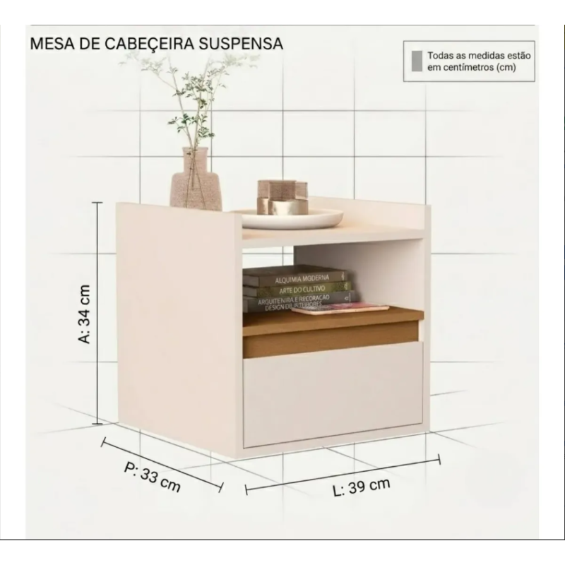 Mesa Cabeceira Suspensa Nicho Quarto Compacta Mesinha Gaveta BRANCO