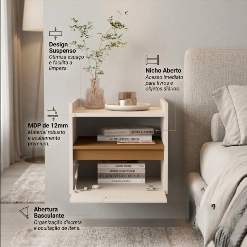 Mesa Cabeceira Suspensa Nicho Quarto Compacta Mesinha Gaveta BRANCO