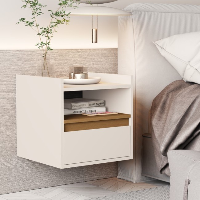 Mesa Cabeceira Suspensa Nicho Quarto Compacta Mesinha Gaveta OFFWHITE/NATURE