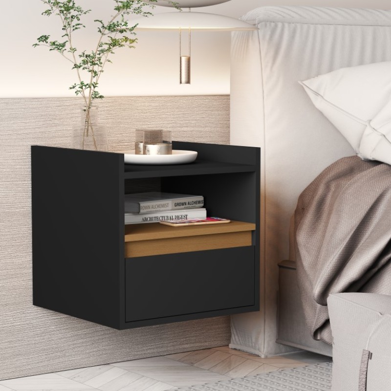 Mesa Cabeceira Suspensa Nicho Quarto Compacta Mesinha Gaveta PRETO