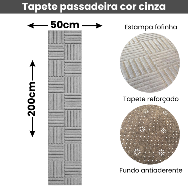 Tapete Passadeira Em Poliester 50cm x 200cm Cinza geometrico 