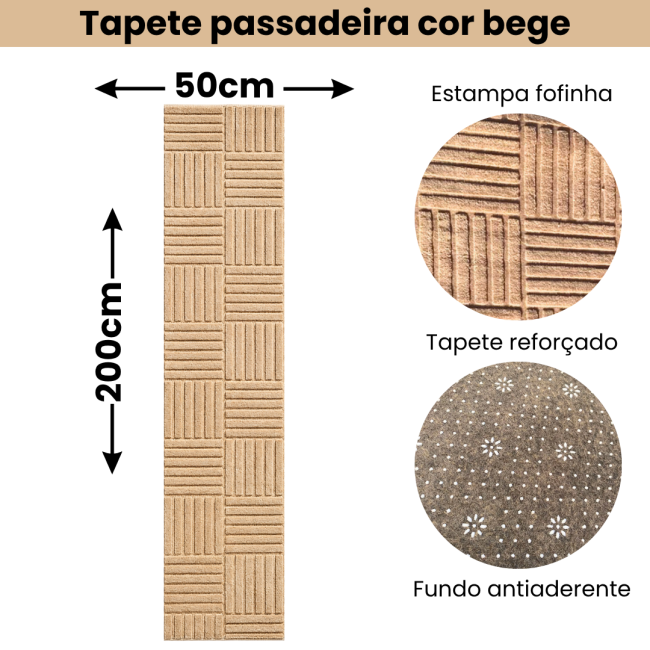 Tapete Passadeira Em Poliester 50cm x 200cm Bege geometrico 
